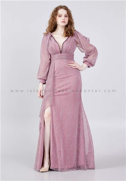 ERŞE BREEZELong Sleeve Maxi Tulle Mermaid Regular Pink Wedding Guest Dress Brz5552pem
