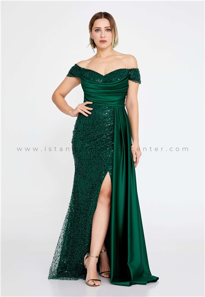 ERŞE BREEZEOff Shoulder Maxi Sequin Mermaid Regular Green Wedding Guest Dress Brz5487ysl