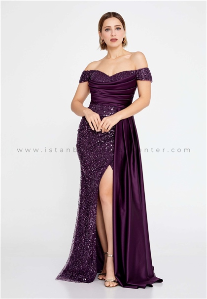 ERŞE BREEZEOff Shoulder Maxi Sequin Mermaid Regular Purple Wedding Guest Dress Brz5487mur