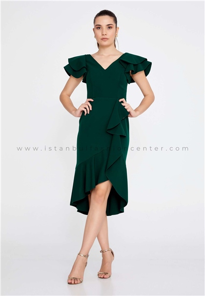 ESCOLLShort Sleeve Midi Crepe Column Regular Green Evening Dress Esc1763-1zum