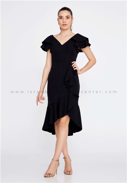ESCOLLShort Sleeve Midi Crepe Column Regular Black Evening Dress Esc1763-1syh