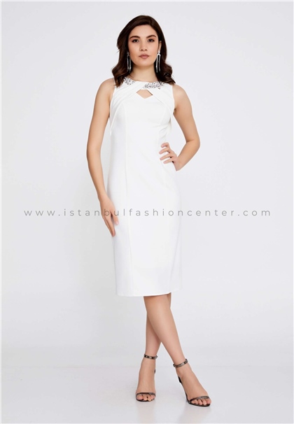 ESCOLLSleeveless Midi Crepe Column Regular White Evening Dress Esc1359ekr