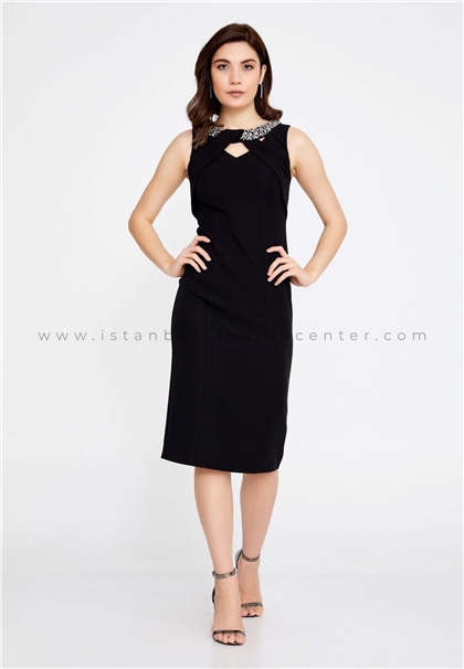 ESCOLLSleeveless Midi Crepe Column Regular Black Evening Dress Esc1359syh