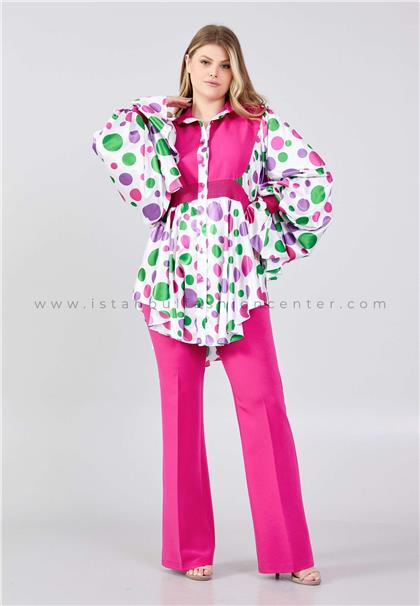 ESPOLLLong Sleeve Satin Patterned Plus Size Fuchsia Two-Piece Outfit Esp2183fus