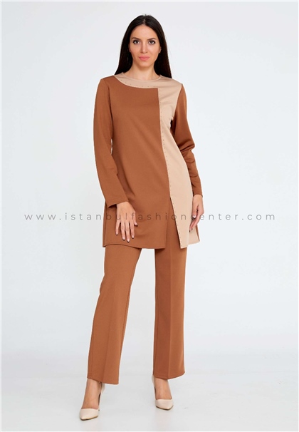 ESSWAAPLong Sleeve Crepe Solid Color Regular Brown-Beige Two-Piece Outfit Esw2327349tab