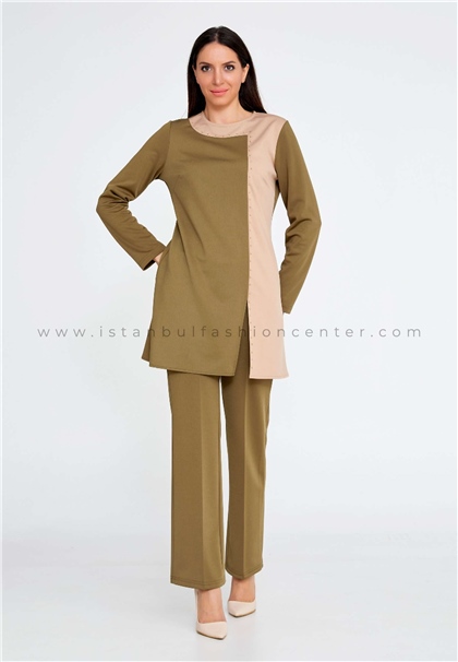 ESSWAAPLong Sleeve Crepe Solid Color Regular Green-Beige Two-Piece Outfit Esw2327349hak