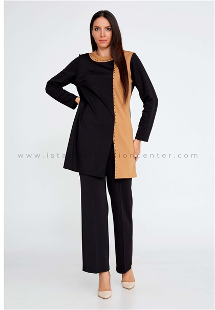 ESSWAAPLong Sleeve Crepe Solid Color Regular Black-Brown Two-Piece Outfit Esw2327349syh