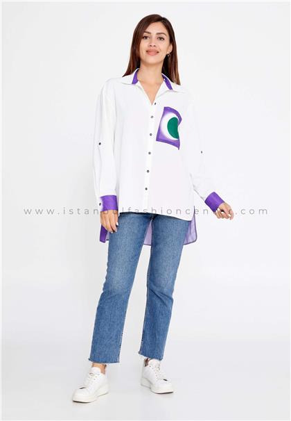 EVVA LINELong Sleeve Patterned Regular White Purple Shirt Evv1115byz