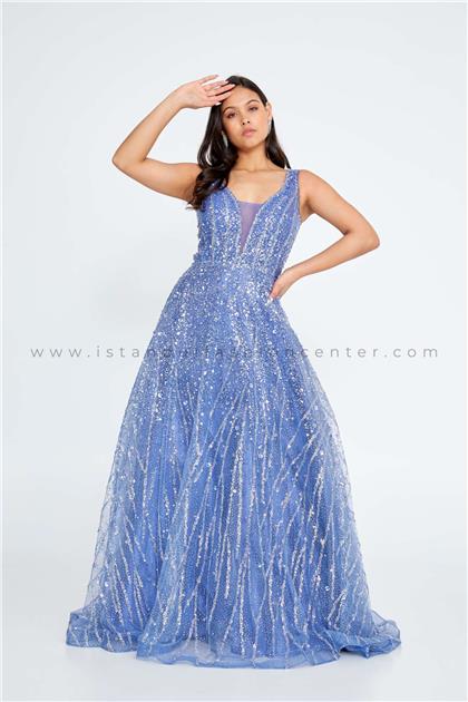 FARİDA COUTURESleeveless Maxi Tulle A - Line Regular Blue Prom Dress Frd1988-1mav