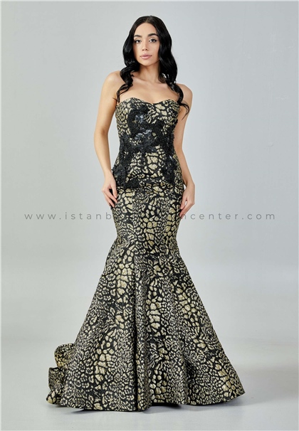 FARİDA COUTUREStrapless Maxi Polyester Regular Black-Gold Engagement Dress Frd5009syh