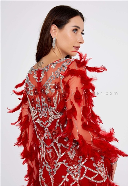 FARİDA IN COUTURELong Sleeve Maxi Tulle Regular Red Engagement Dress Frdft518kır