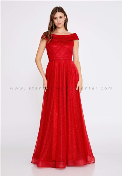 FAVELLAOff Shoulder Maxi Tulle A - Line Regular Red Evening Dress Fvl2085kır