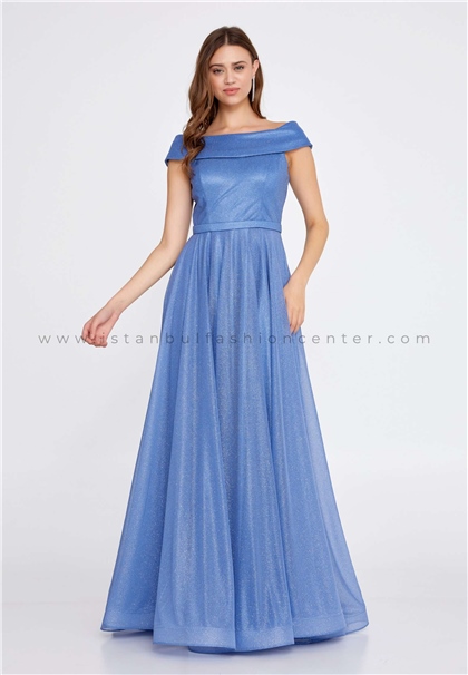 FAVELLAOff Shoulder Maxi Tulle A - Line Regular Blue Evening Dress Fvl2085ınd