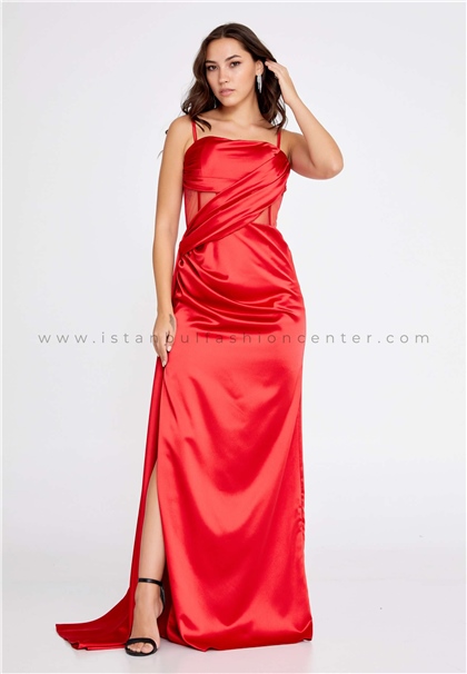 FAVELLASleeveless Maxi Satin Column Regular Red Wedding Dress Fvl4280kır