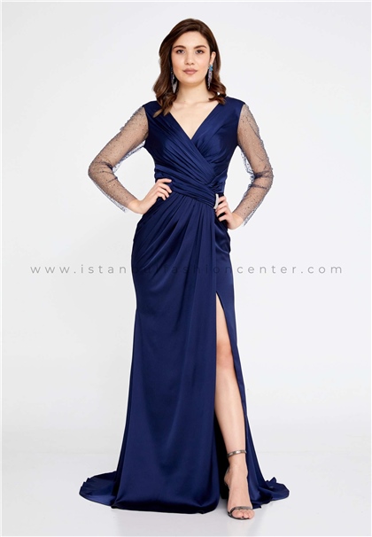 FOR COSTUMELong Sleeve Maxi Satin Mermaid Regular Navy Wedding Guest Dress Frc8584lac