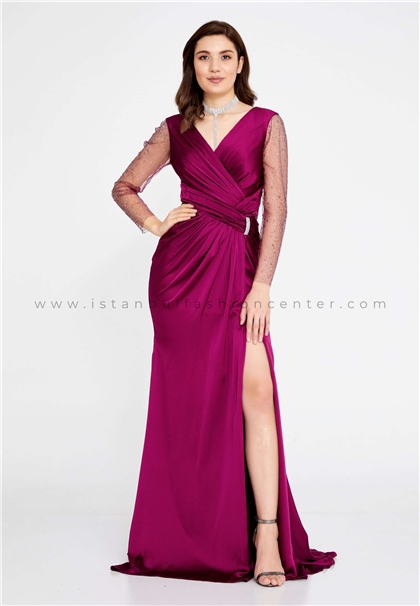FOR COSTUMELong Sleeve Maxi Satin Mermaid Regular Purple Wedding Guest Dress Frc8584vıo