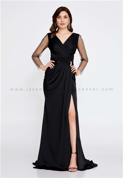 FOR COSTUMELong Sleeve Maxi Satin Mermaid Regular Black Wedding Guest Dress Frc8584syh