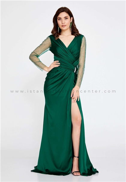 FOR COSTUMELong Sleeve Maxi Satin Mermaid Regular Green Wedding Guest Dress Frc8584zum
