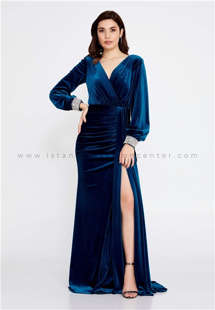FOR COSTUMELong Sleeve Maxi Velvet Mermaid Regular Blue Wedding Guest Dress Frc8692pet