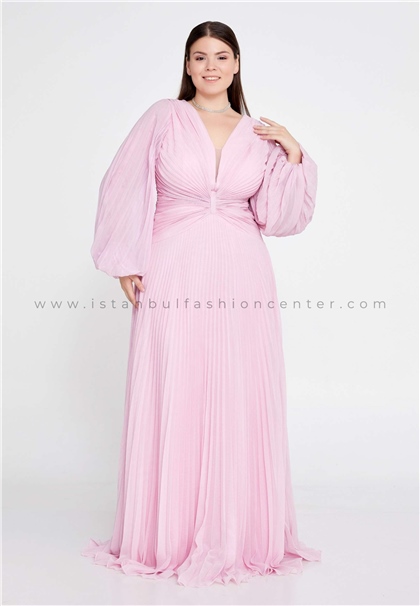 FUMEELong Sleeve Maxi Tulle Column Plus Size Pink Wedding Guest Dress Fme8235pem