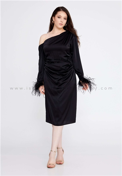 FUMEELong Sleeve Midi Satin Column Plus Size Black Evening Dress Fme0636syh