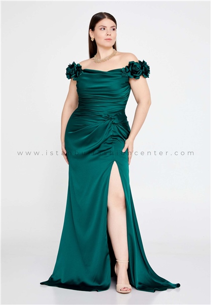 FUMEEOff Shoulder Maxi Satin Column Plus Size Green Wedding Guest Dress Fme0607zum
