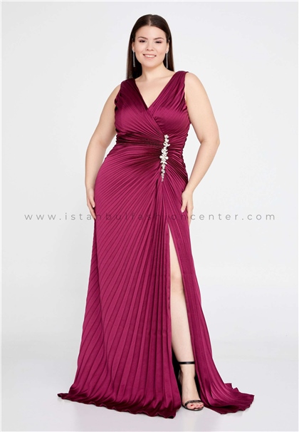 FUMEESleeveless Maxi Satin Column Plus Size Fuchsia Wedding Guest Dress Fme0651vıo