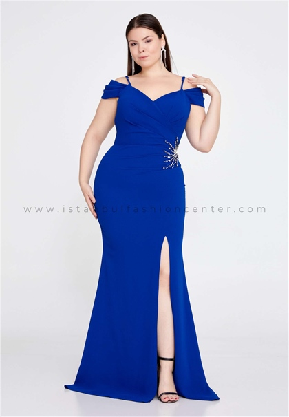 FUNDAOff Shoulder Maxi Crepe Mermaid Plus Size Blue Wedding Guest Dress All19024sak
