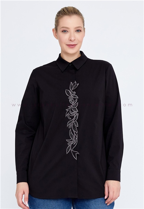 GEMKO Long Sleeve Floral Plus Size Black Shirt Gem11501syh