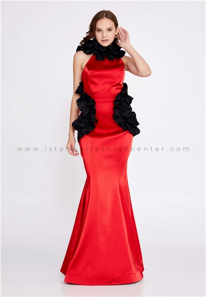GUAJSleeveless Maxi Satin Mermaid Regular Red-Black Evening Dress Gua607kır