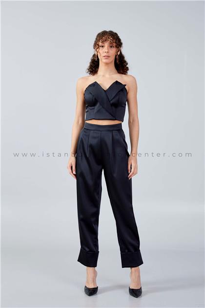 GUAJStrapless Satin Solid Color Regular Black Two-Piece Outfit Gua702syh
