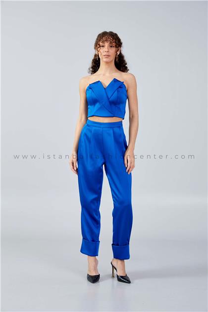 GUAJStrapless Satin Solid Color Regular Blue Two-Piece Outfit Gua702sak