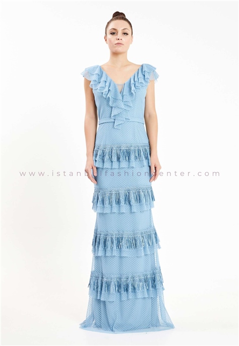 HALLMARK Short Sleeve Maxi Tulle Column Regular Blue Wedding Dress Fvl2416ind