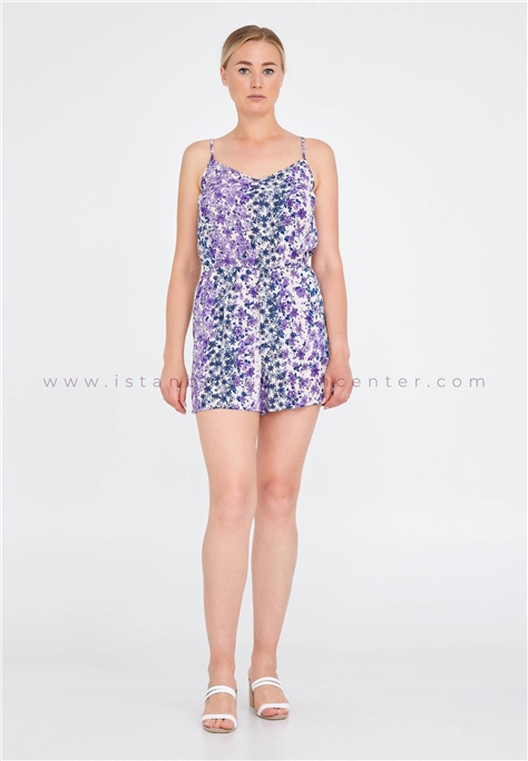 HALLMARK Sleeveless Floral Short Regular Purple-Blue Casual Jumpsuit Qmlql1mor