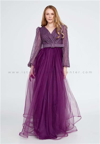 HALLMARKLong Sleeve Maxi Tulle Column Regular Purple Wedding Guest Dress Ron7176mur