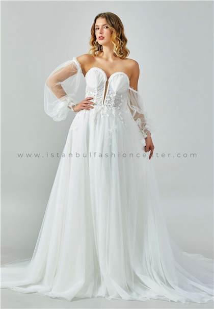 İĞNE İPLİK MODALong Sleeve Maxi Tulle Regular Ecru Wedding Dress Iımugb006s22kre