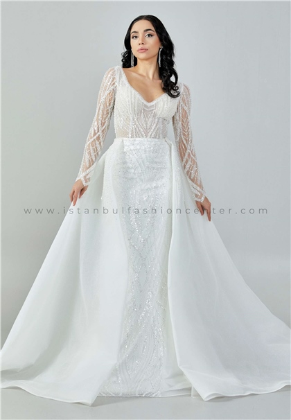 İKBAL EŞMELong Sleeve Maxi Sequin Regular Ecru Wedding Dress Ikb116kre