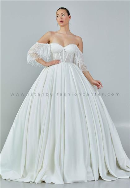 İKBAL EŞMEOff Shoulder Maxi Satin Regular Ecru Wedding Dress Ikb155kre