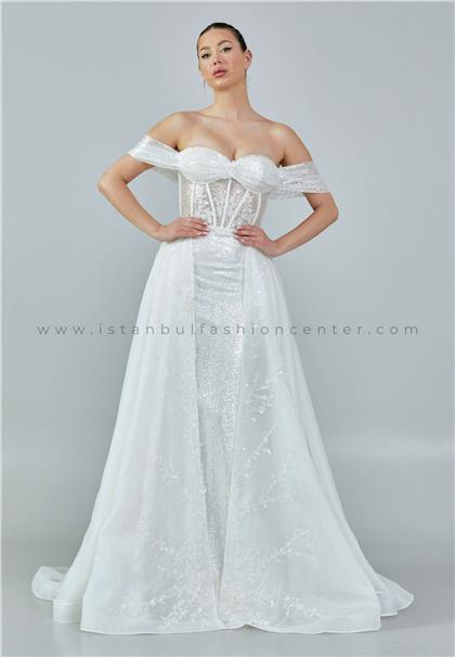 İKBAL EŞMEOff Shoulder Maxi Sequin Regular Ecru Wedding Dress Ikb101kre