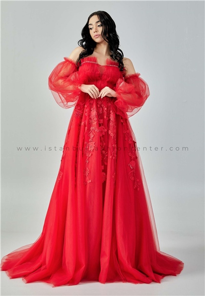 İKBAL EŞMEOff Shoulder Maxi Tulle Regular Red Engagement Dress Ikb3017kır