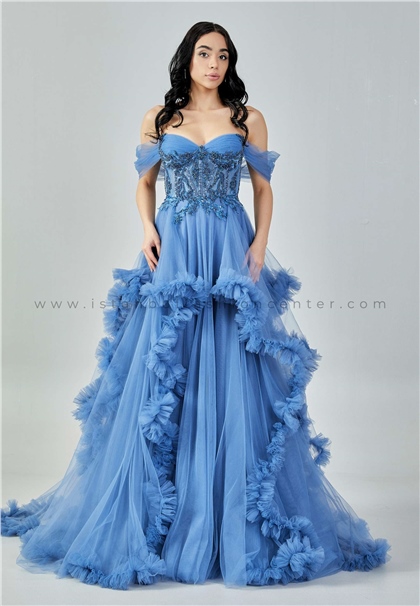 İKBAL EŞMESleeveless Maxi Tulle Regular Blue Engagement Dress Ikb3023ınd
