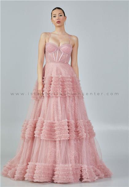 İKBAL EŞMESleeveless Maxi Tulle Regular Pink Engagement Dress Ikb3052pud