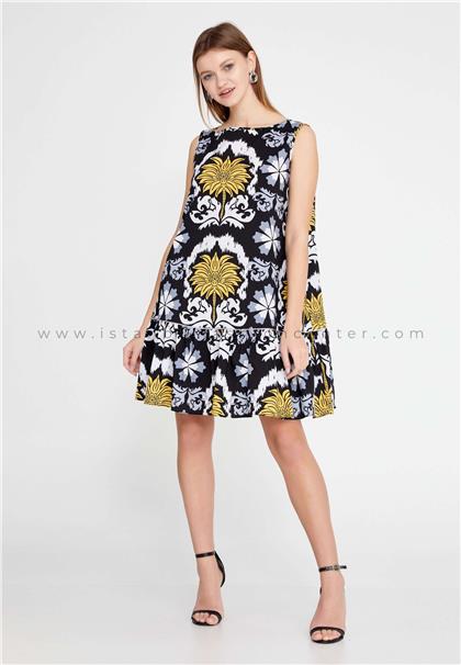 IMZA ISTANBULSleeveless Mini Polyester Column Regular Black-Yellow Casual Dress Imz23y8082ssa
