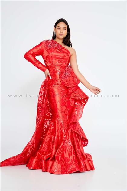 IN COUTURE by kiwiOne Shoulder Maxi Tulle Mermaid Regular Red Prom Dress Ick5076kır