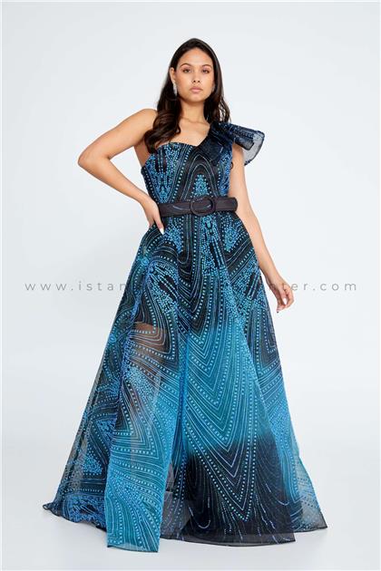 IN COUTURE by kiwiOne Shoulder Maxi Tulle A - Line Regular Navy Prom Dress Ick4412lac