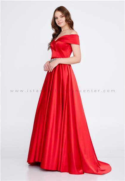İNSETOff Shoulder Maxi Satin A - Line Plus Size Red Prom Dress İns2802bkır