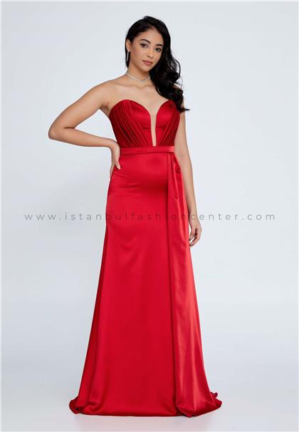 İNSETStrapless Maxi Satin Column Regular Red Evening Dress Ins3071kır