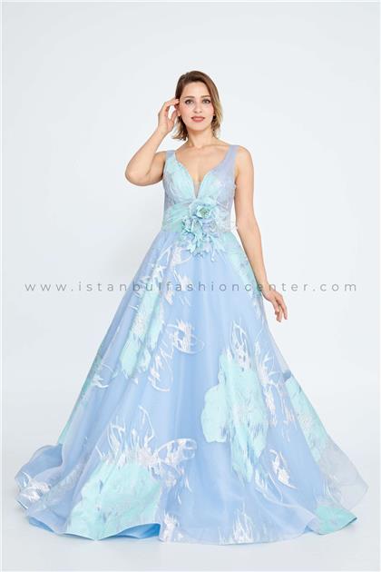 IVORYSleeveless Maxi Tulle A - Line Regular Blue-Green Prom Dress Ivo23577mın