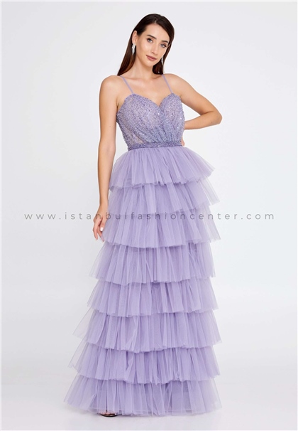 IVORYSleeveless Maxi Tulle Column Regular Purple Prom Dress Ivo23542lıl