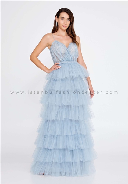 IVORYSleeveless Maxi Tulle Column Regular Blue Prom Dress Ivo23542mav